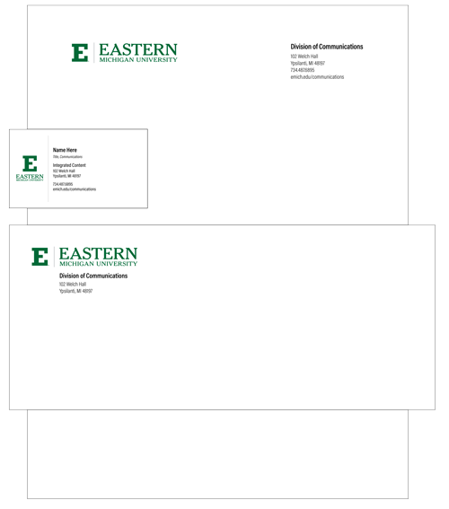 Sample EMU letterhead, business card, and envelope.