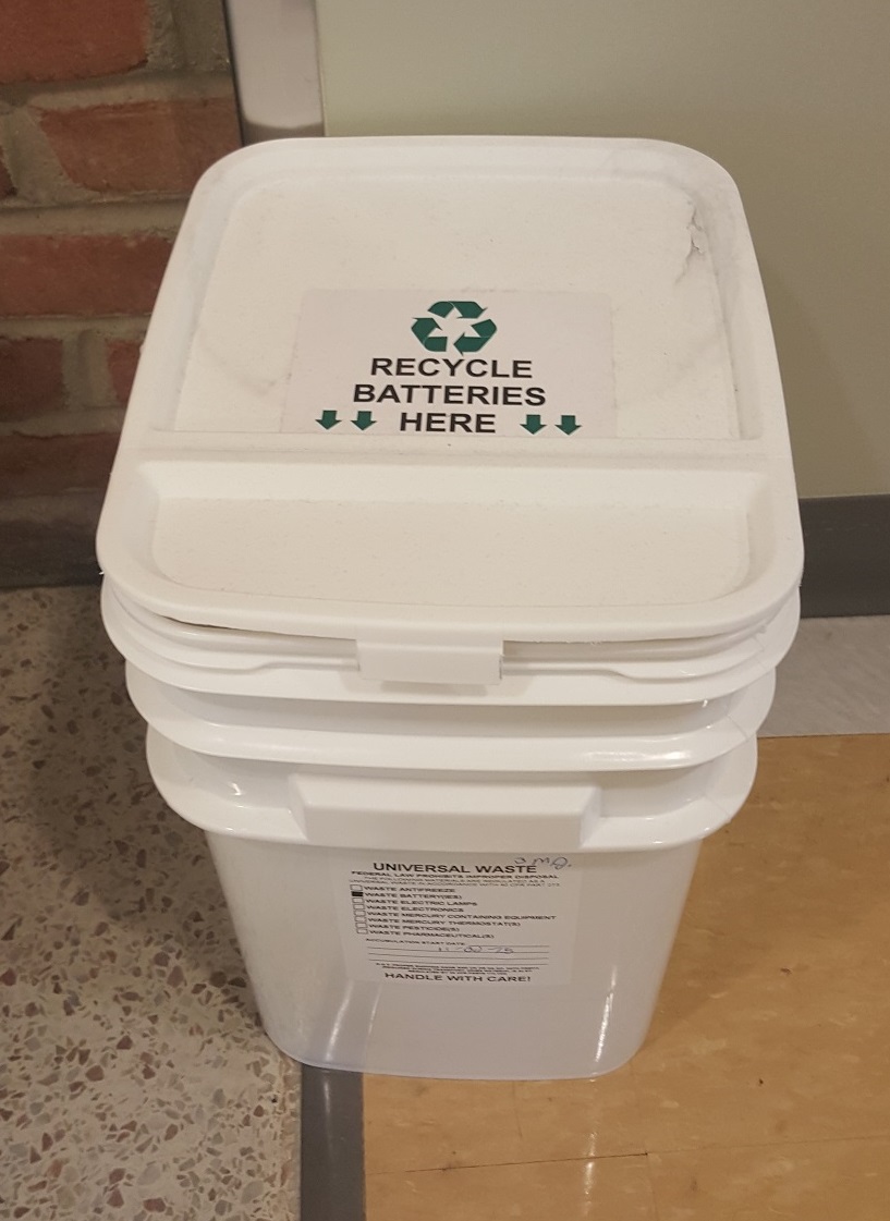A photo of a battery recycling bin.