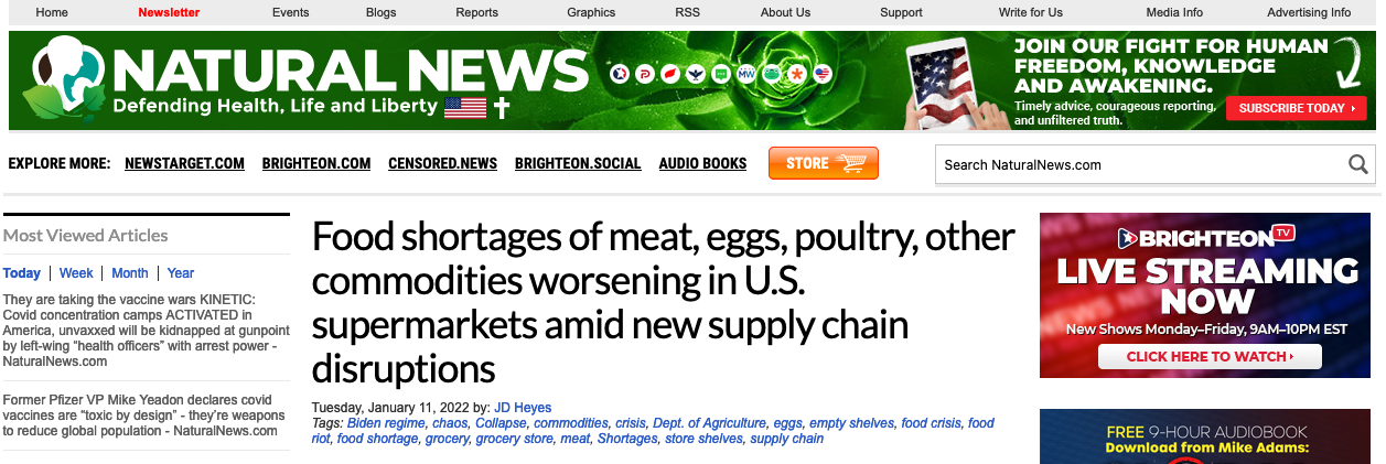 Screenshot of Natural News article titled 'Food shortages of meat, eggs, poultry, other commodities worsening in U.S. supermarkets amid new supply chain disruptions'