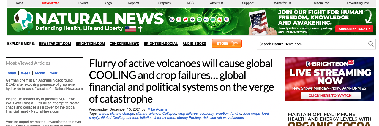 Screenshot of the Natural News article - 'Flurry of active volcanoes will cause global cooling and crop failures...global financial and political systems on the verge of catastrophe'