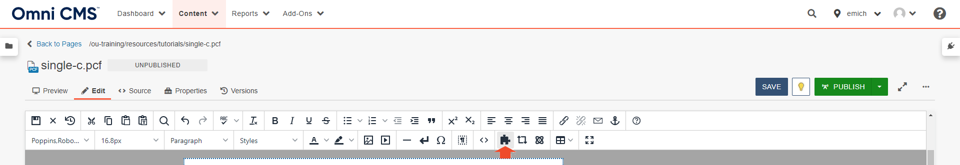 A screenshot of the insert snippet icon in the Omni CMS edit toolbar.