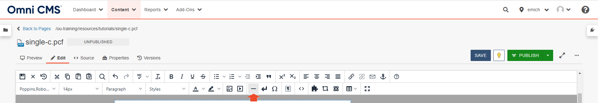 A screenshot of the horizontal line button in the Omni CMS edit toolbar.