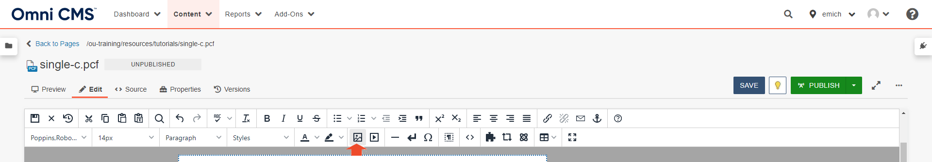 A screenshot of the insert image icon in the Omni CMS edit toolbar.