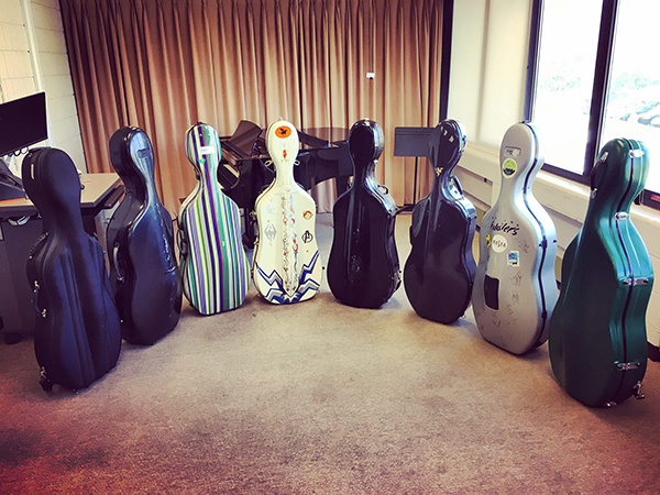 A group of cello cases standing upright in a semi-circle.