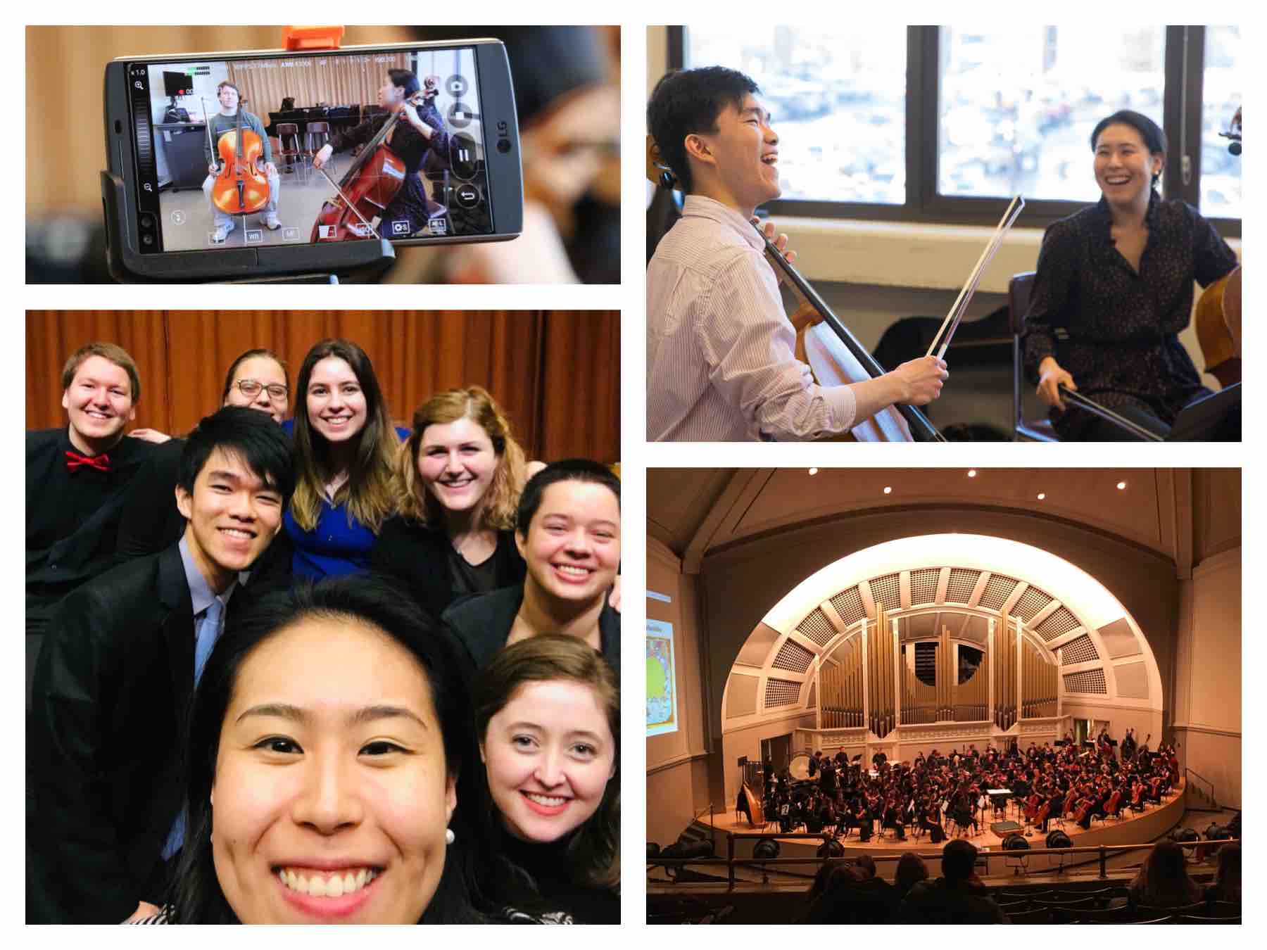 Images of cello students, teacher, and EMU symphony orchestra