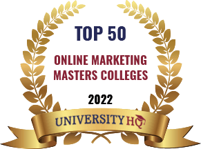 Top 50 Online Marketing Master's Colleges 2022 University HQ badge.