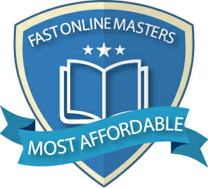 Graphic of blue shield with the words 'Fast Online Masters' along the top of the shield and the words 'Most Affordable' across the front of the shield inside of a ribbon