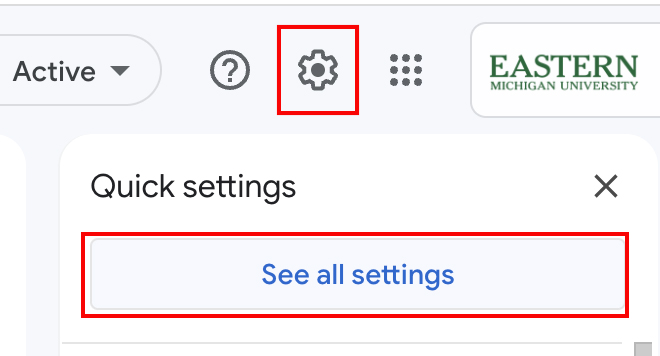 screenshot of gmail settings locations with red box around the settings button and see all settings button.