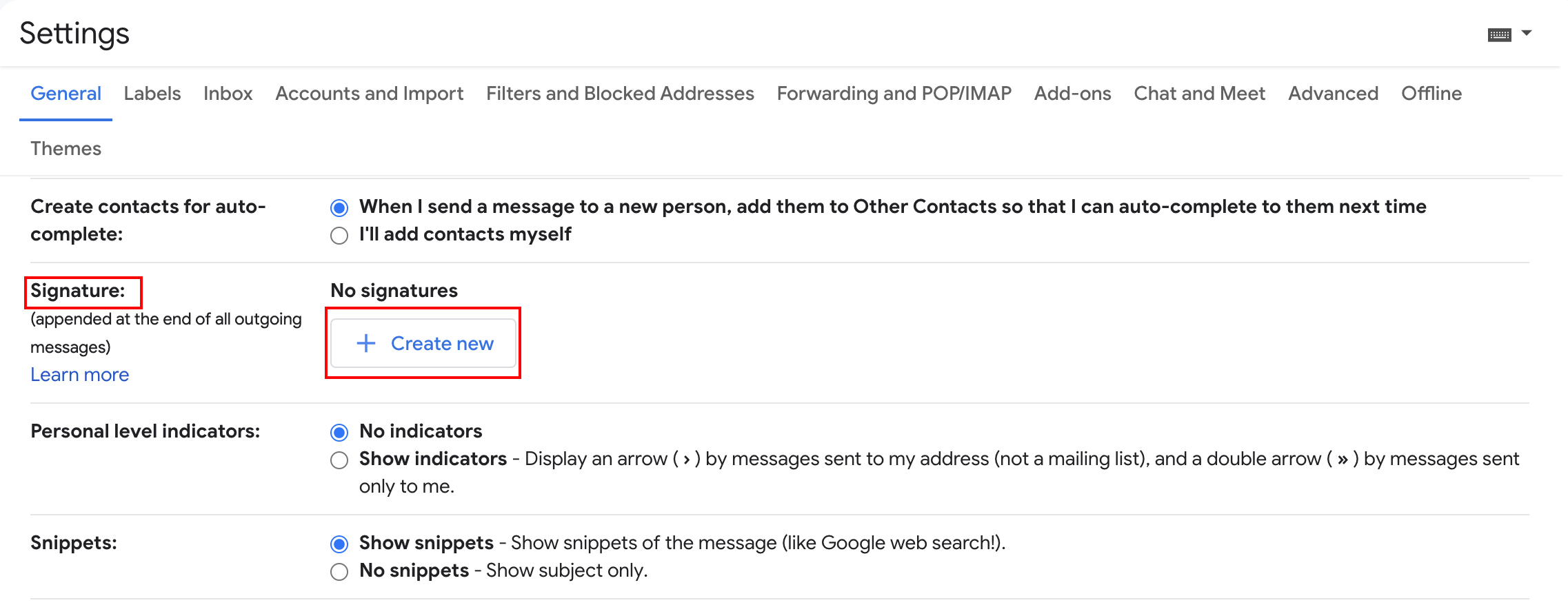 screenshot of gmail signature location in settings with red box around signature and create new signature button.
