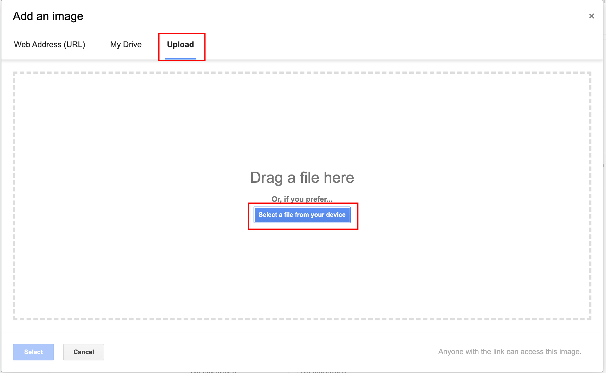 screenshot of gmail signature insert image settings with red box around upload and select a file from your device.