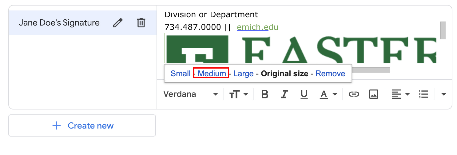 screenshot of gmail signature textbox with image selected and a red box around medium size option.