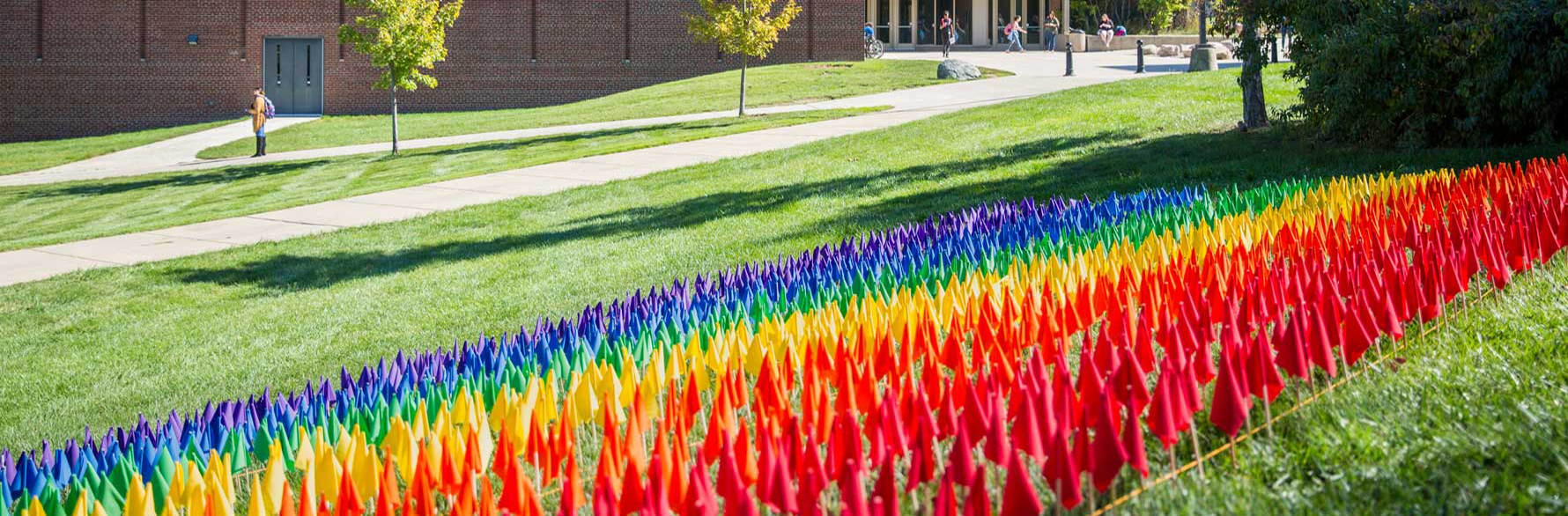 campus lawn with rainbow colored flags