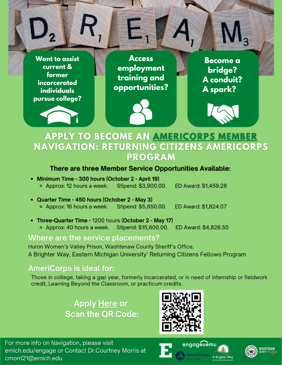 AmeriCorps Recruiting Flyer for Fall Cohort, Apply using the link above