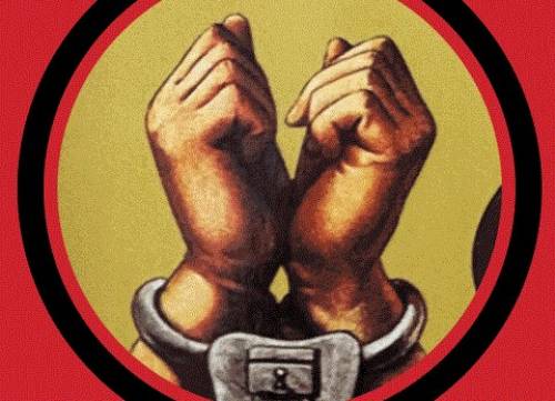 A pair of illustrated, handcuffed hands are framed in a red and black circle