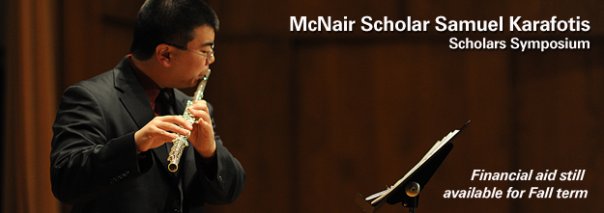 Samuel Karafotis playing the flute in McNair Scholars ad