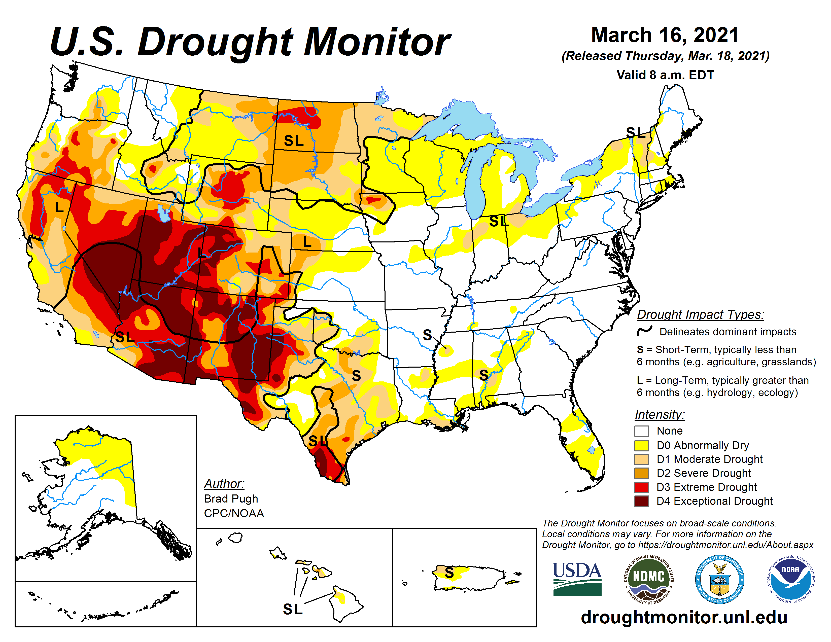 Drought Monitor March 18, 2021 map of drought conditions