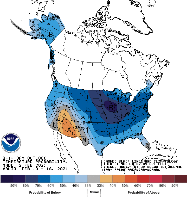 Climate Prediction Center 8-14 day outlook for Feb. 10-16, 2021
