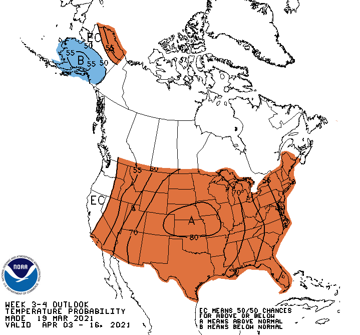 NOAA Climate Prediction Center 3-4 week outlook valid for April 3 to 17, 2021
