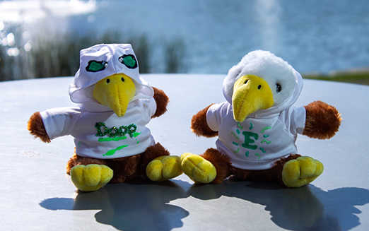 Two stuffed eagles on a table with lake in background