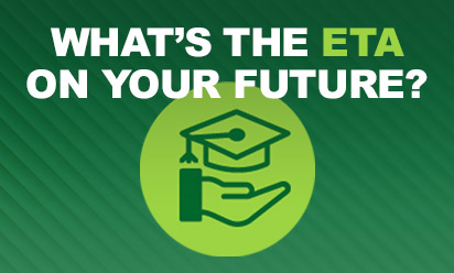 grad cap icon hovering over a hand; text reads what's the eta on your future?