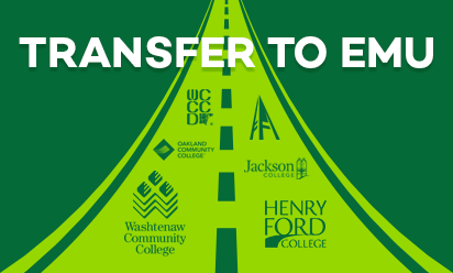 Road leading to Transfer to EMU text with logos from local community colleges on the road.