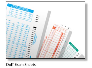 Illustration of three DoIT exam sheets fanned out.