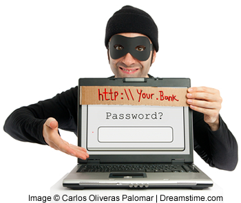 An image of a masked theif inviting a user to type their password into a laptop.