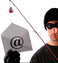 An image of a masked criminal holding a fishing rod with an envelope attached to the hook.