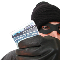 A photo of masked theif with social security, credit cards, etc., in hand.