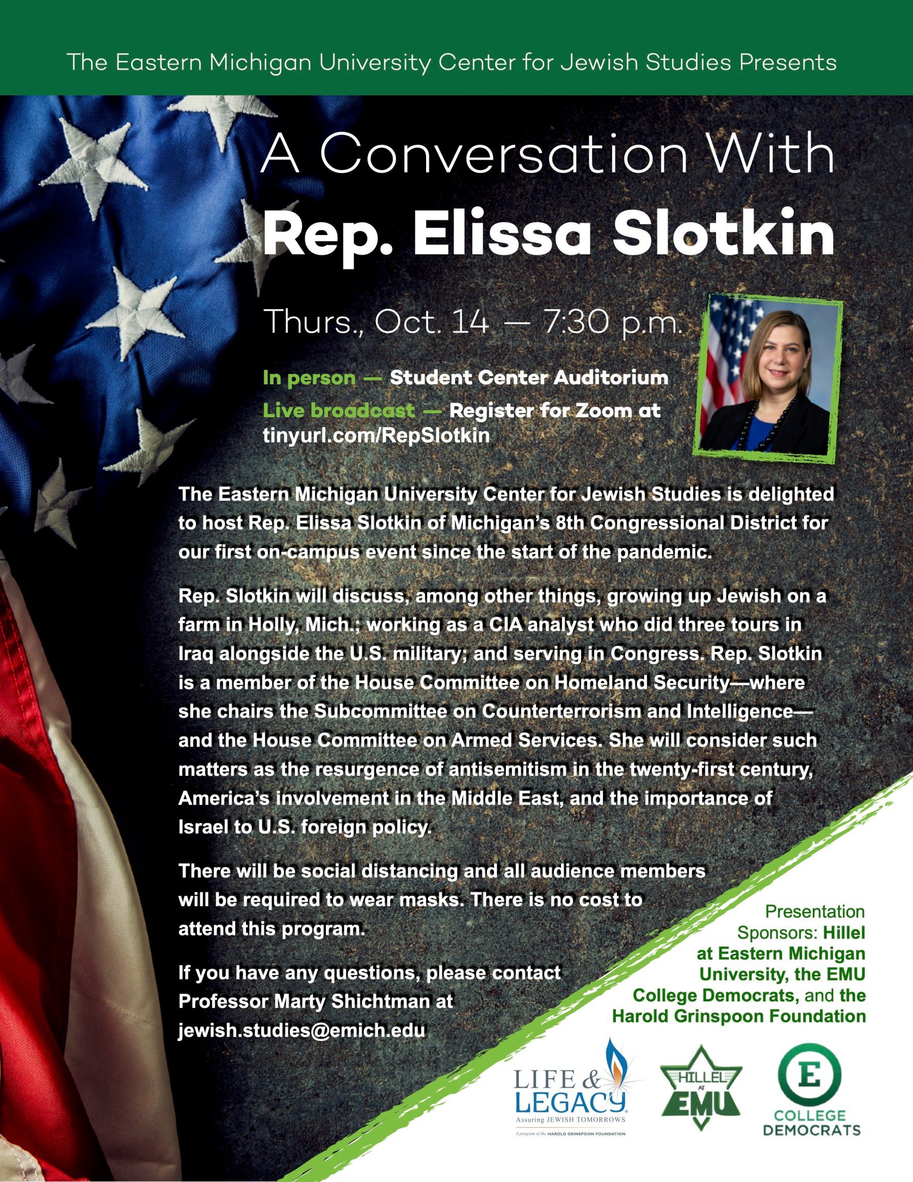 The poster for the event titled "A Conversation with Rep. Elissa Slotkin"