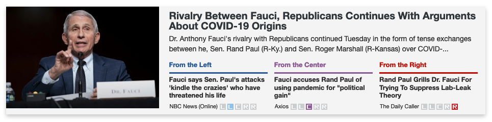 Screenshot of AllSides.com coverage of senate hearing titled 'Rivalry Between Fauci, Republicans continues with arguments about COVID-19 origins'
