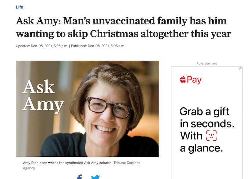 Screenshot of an article titled 'Ask Amy: Man's unvaccinated family has him wanting to skip Christmas altogether this year'