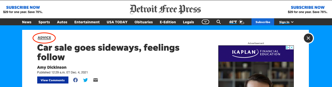 Detroit Free Press article with section (Advice) highlighted.