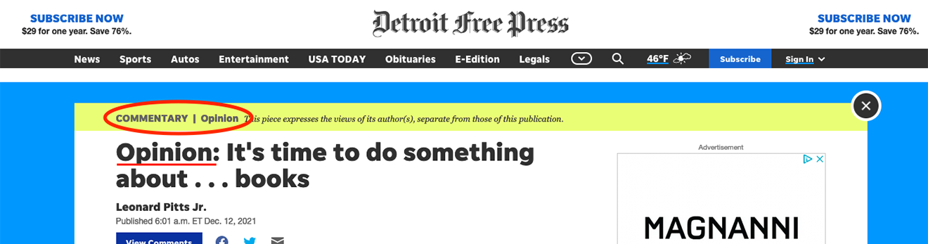 Detroit Free Press article with section (Commentary) and the word 'Opinion' in title highlighted.