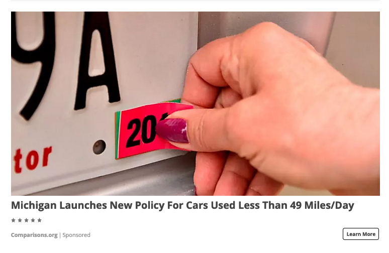 Screenshot of sponsored content by Comparisons.org titled 'Michigan launches new policy for cars used less than 49 miles/day'