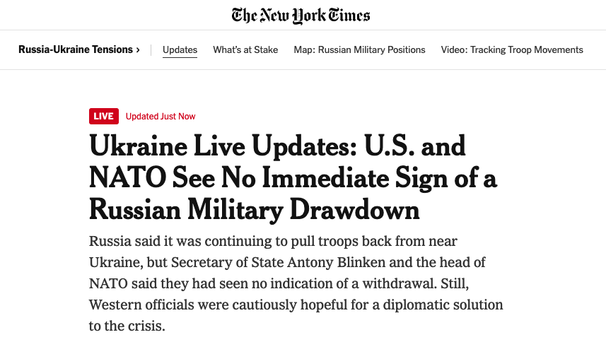 Screenshot of NY Times article on Russian-Ukraine tensions