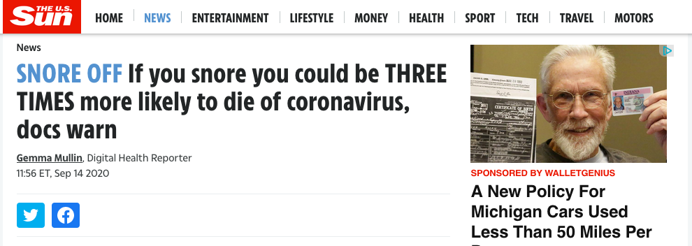 Screenshot of article from the U.S. Sun titled 'SNORE OFF - If you snore you could be THREE TIMES more likely to die of coronavirus, docs warn'
