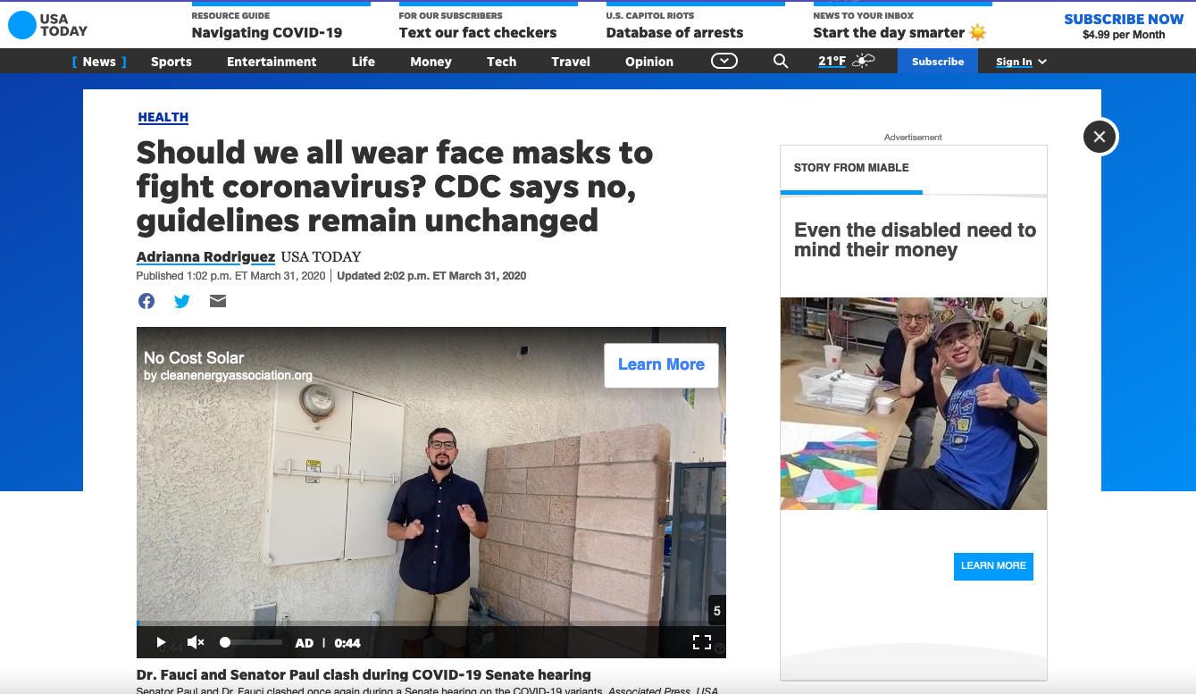 Screenshot of USA Today article titled 'Should we all wear face masks to fight coronavirus? CDC says no, guidelines remain unchanged'