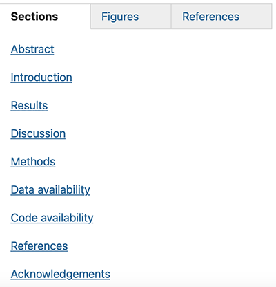 Screenshot of an article menu showing its sections.