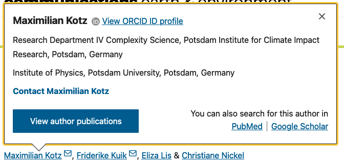 Screenshot of an author's profile showing his affiliation with Potsdam University, Germany