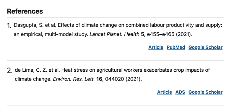 Screenshot of an article's references page.'