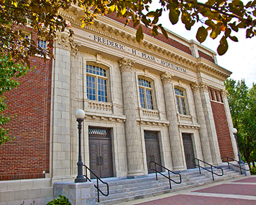 An exterior photo of Pease Auditorium in the fall.