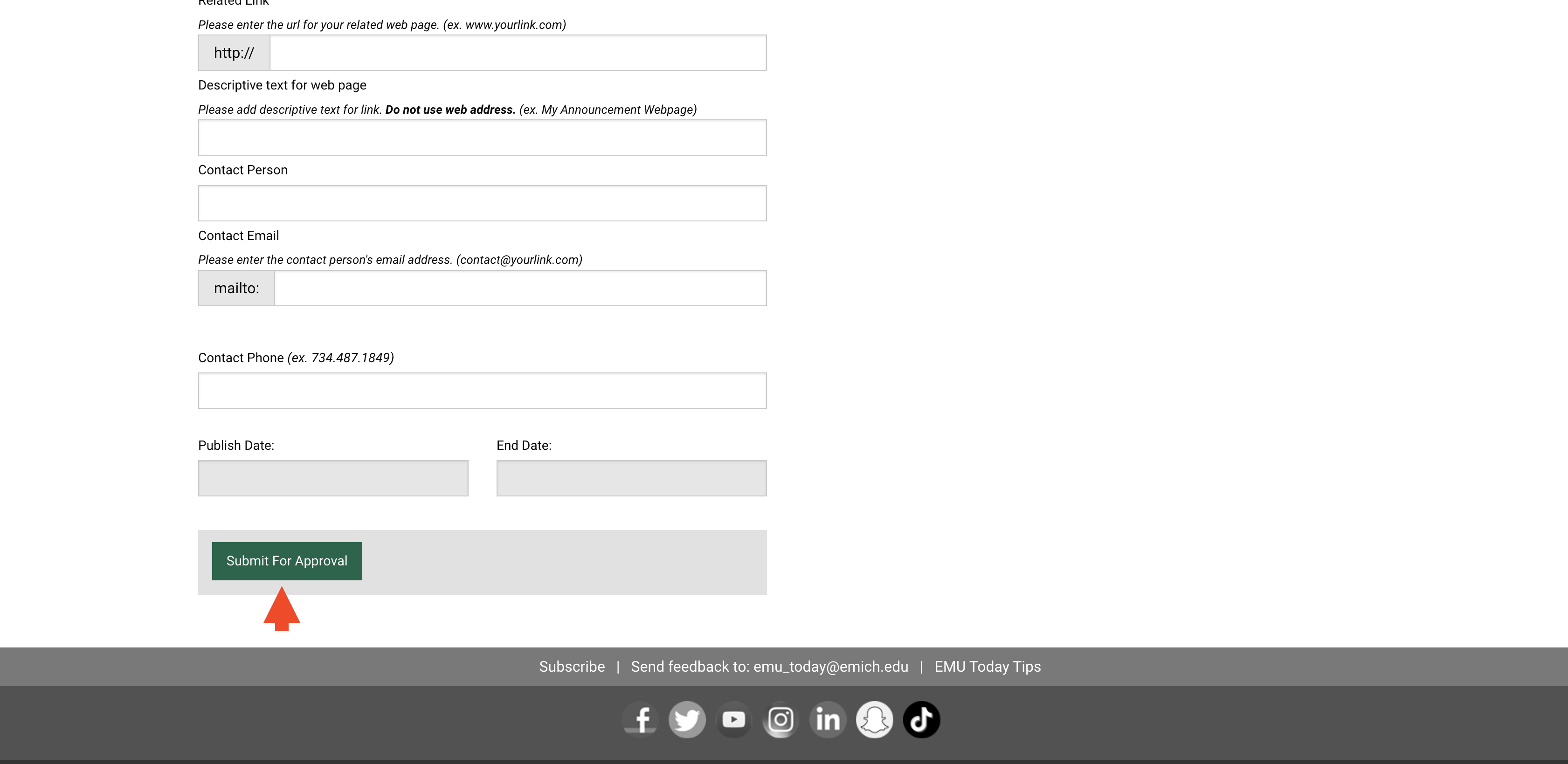 A screenshot showing the Announcement form