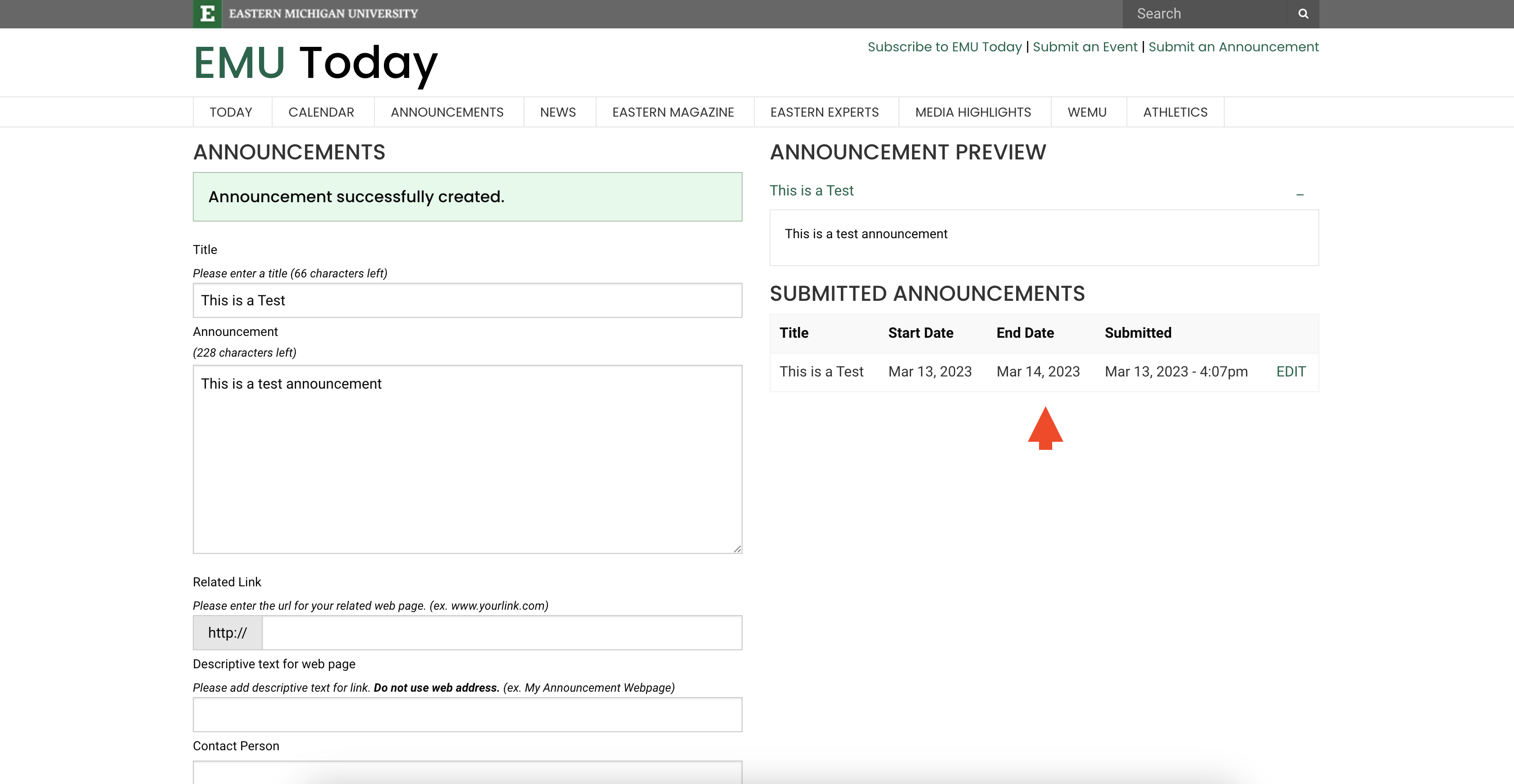 A screenshot showing a submitted announcement