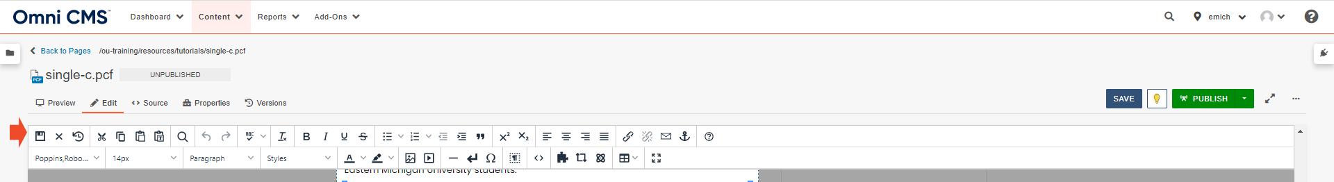 A screenshot of the Save And Exit icon in the Omni CMS edit toolbar.
