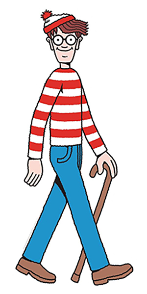 A nice-looking cartoon man with a red and white striped shirt on, glasses and a hat.