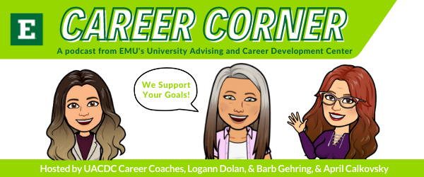 A digital caricature illustration of the Career Corner podcast hosts.