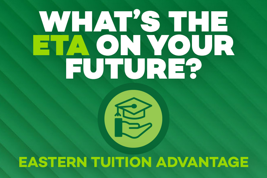 "What's the ETA on your future?" graphic with diagonal green striped background